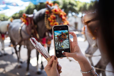 Soft focus of unrecognizable female tourist with fan shooting mules with decorated bridles on sunlit street during fair in seville, spain