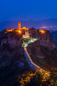 High angle view of illuminated buildings at night