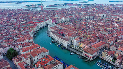 Venice grand canal, houses from drone, venice island cityscape and venice lagoon. italy