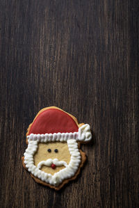 High angle view of cookies on wooden table