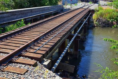 High angle view of railroad tracks along canal