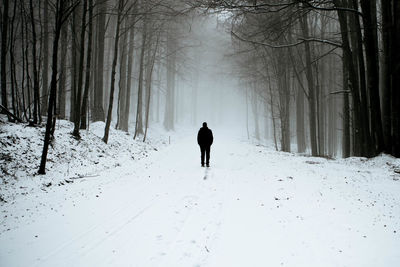 Silhouette of man in snow covered forest