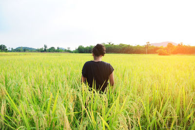 Rear view of man standing in farm against clear sky