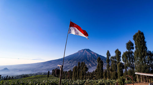 Low angle view of flag on mountain against sky