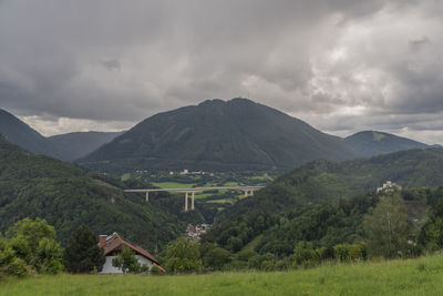 Scenic view of landscape and mountains against sky