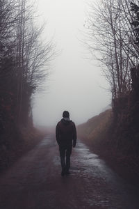 Rear view of man walking on road against sky