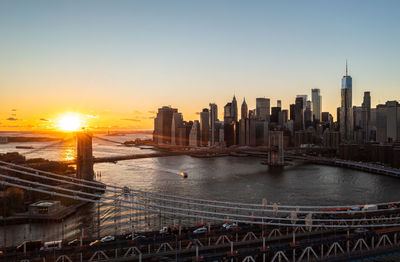 High angle view of city at sunset