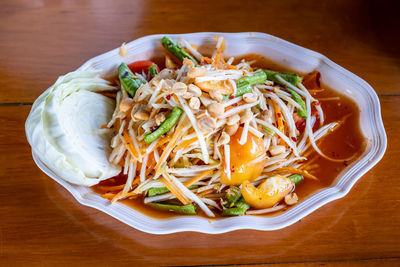 High angle view of food served on table