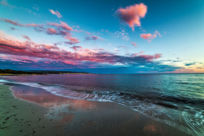 Scenic view of beach against sky during sunset
