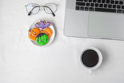 High angle view of coffee cup on table