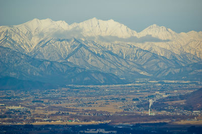 Scenic view of snowcapped mountains against sky