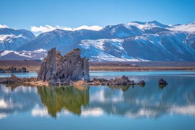 Scenic view of lake and snowcapped mountains against sky