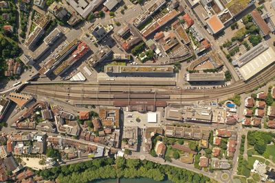 High angle view of buildings in city