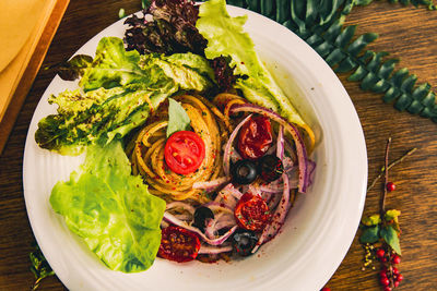 High angle view of food in plate on table