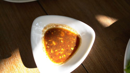 High angle view of dessert in bowl on table