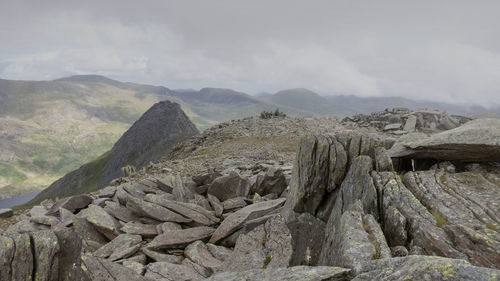 Scenic view of mountains against cloudy sky