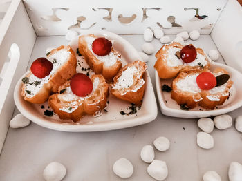 High angle view of dessert on table