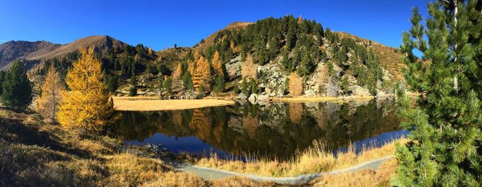 Scenic view of lake and mountains against clear blue sky