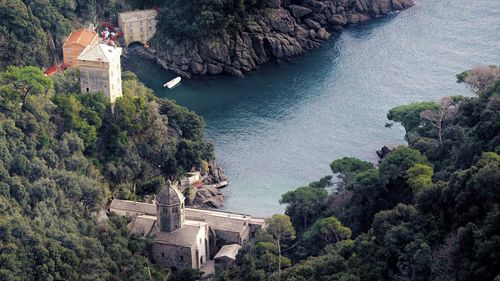 High angle view of trees by sea