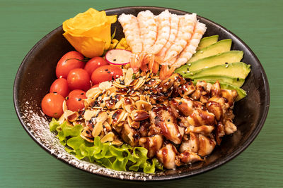 High angle view of food in plate on table