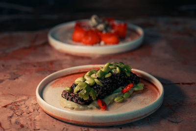 High angle view of food in plate on table