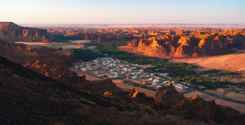 High angle view of townscape against sky during sunset