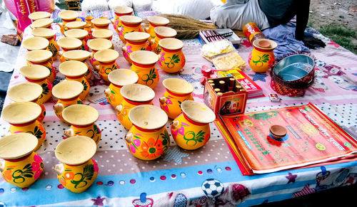 High angle view of food on table