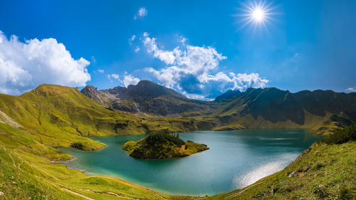 Scenic view of schrecksee lake in high alpine mountains on summer day