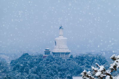 Aerial view of building against sky during winter