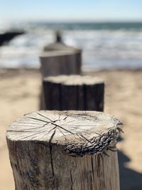 Close-up of wooden post on beach