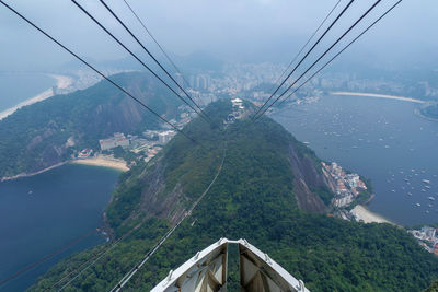 Overhead cable car over sea against sky