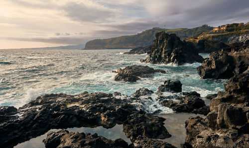 Coastal landscape in the azores at sunset. beautiful ocean place