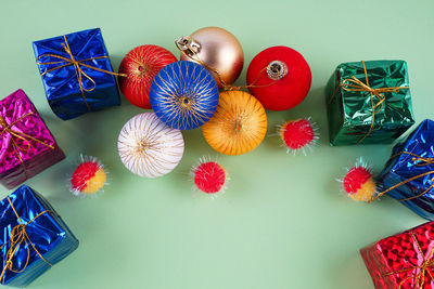 Directly above shot of christmas decorations on table