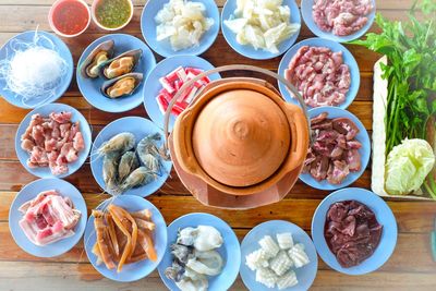 High angle view of food on table