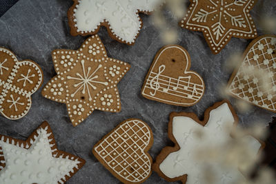 High angle view of cookies on christmas tree