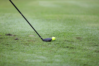 Low section of man playing golf on field