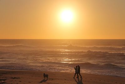 Silhouette people with dog walking at beach against sky during sunset