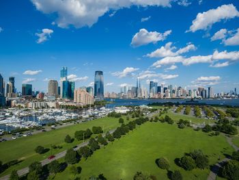 Aerial view of lower manhattan and jersey city over liberty state park