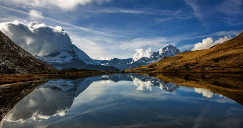 Scenic view of lake and mountains against sky