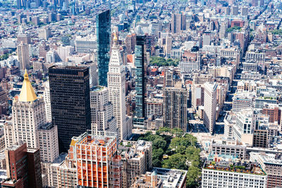 High angle view of modern buildings in city