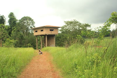 Built structure on field by trees against sky