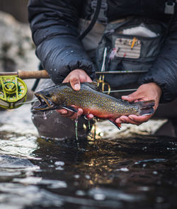 A man catches a brook trout during a cold morning in maine