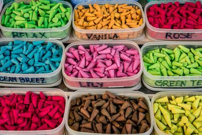 High angle view of multi colored for sale