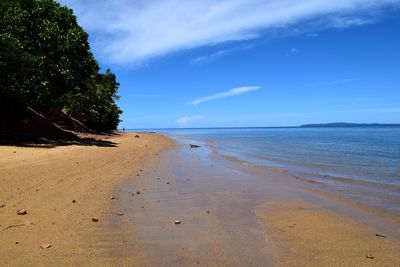 Scenic view of beach against blue sky