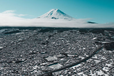 Aerial view of snowcapped mountains against sky