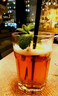 Close-up of beer glass on table