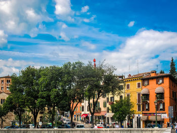 Trees and cityscape against sky