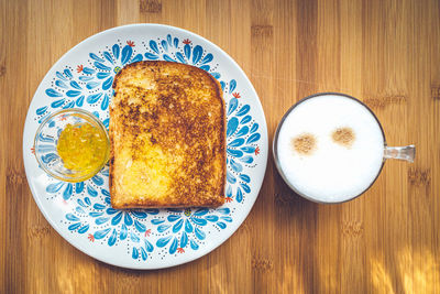 High angle view of breakfast served on table