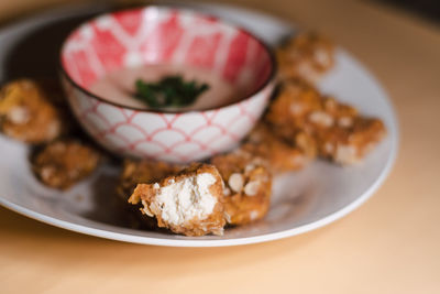 Close-up of dessert in plate on table