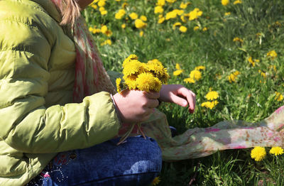 Midsection of woman holding yellow flowers on field